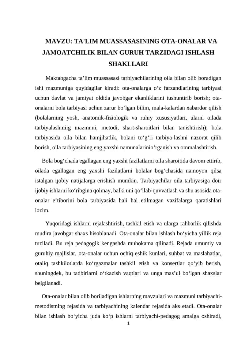 TA'LIM MUASSASASINING OTA-ONALAR VA JAMOATCHILIK BILAN GURUH TARZIDAGI ISHLASH SHAKLLARI