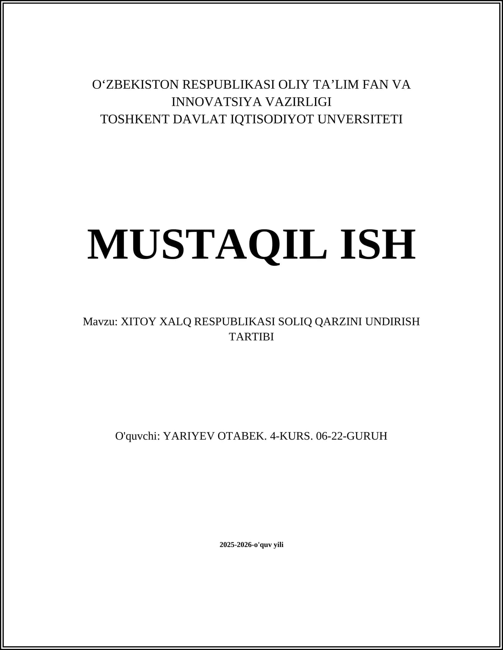 XITOY XALQ RESPUBLIKASI SOLIQ QARZINI UNDIRISH TARTIBI