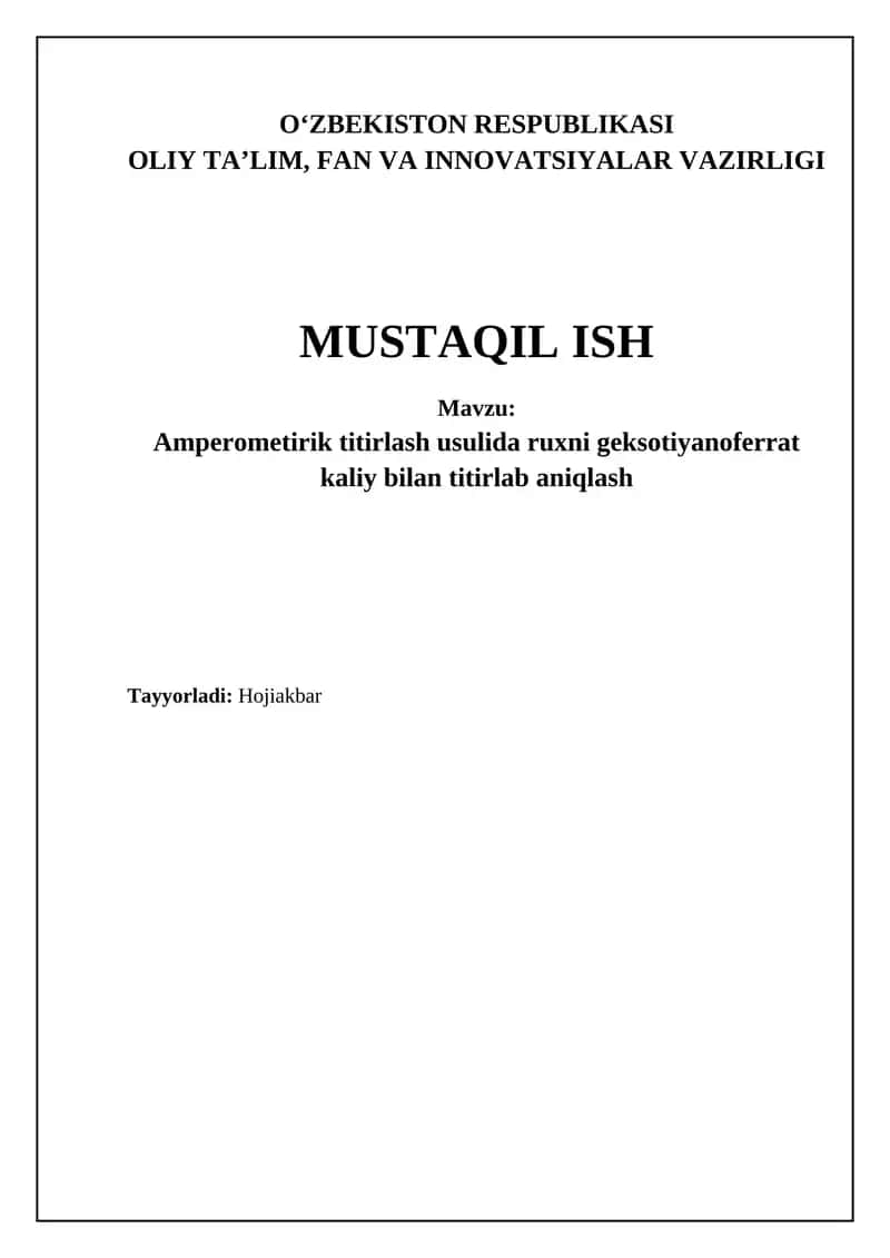 Amperometrik titirlash usulida ruxni geksotiyanoferrat kaliy bilan titirlab aniqlash