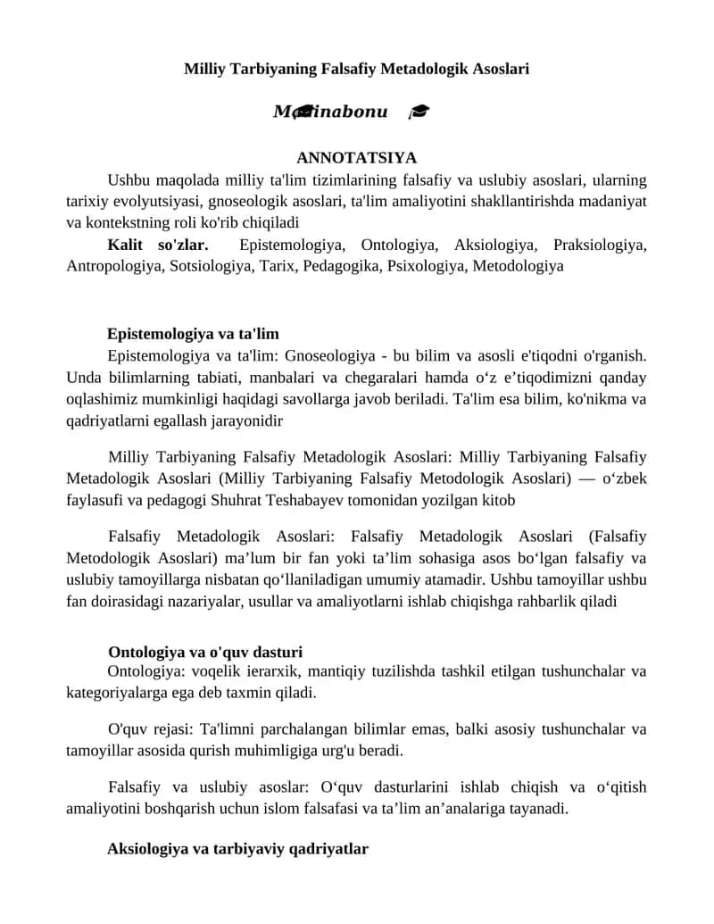 Milliy Tarbiyaning Falsafiy Metadologik Asoslari