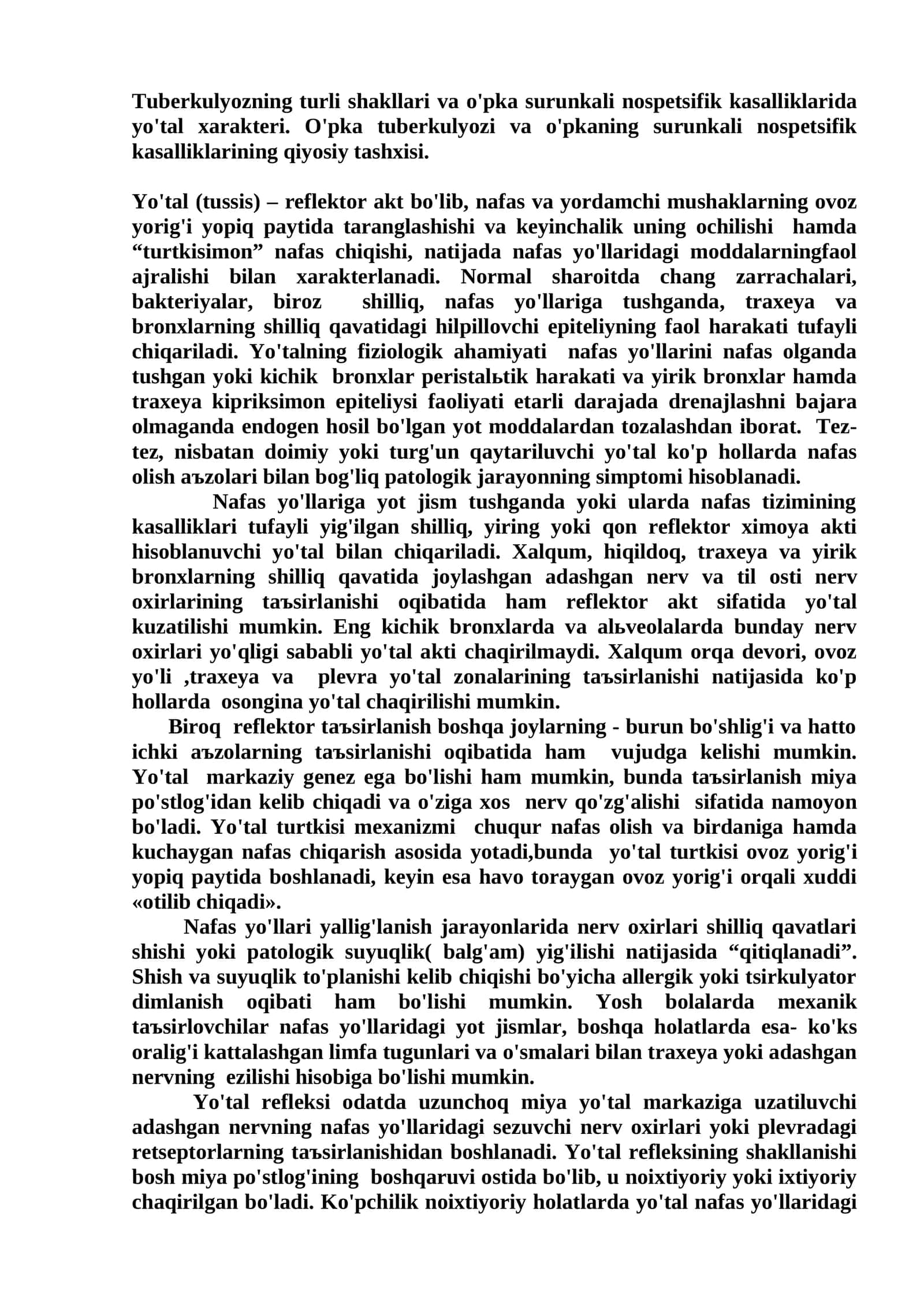 Tuberkulyozning turli shakllari va o'pka surunkali nospetsifik kasalliklarida yo'tal xarakteri