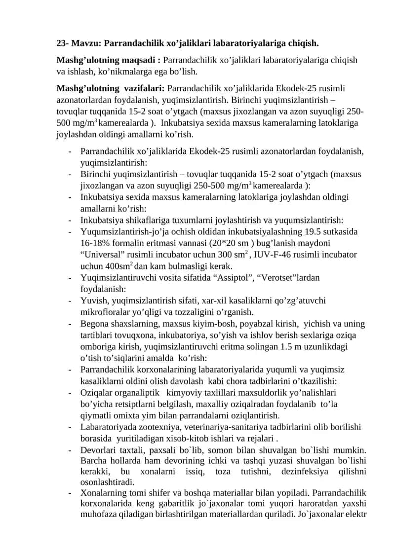 Parrandachilik xo’jaliklari labaratoriyalariga chiqish