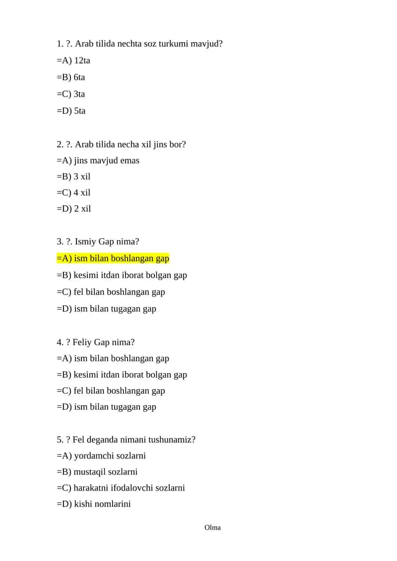 Arab tili savollari va javoblari
