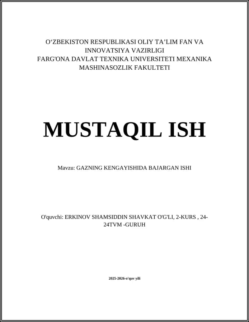 Gazning Kengayishida Bajarilgan Ish