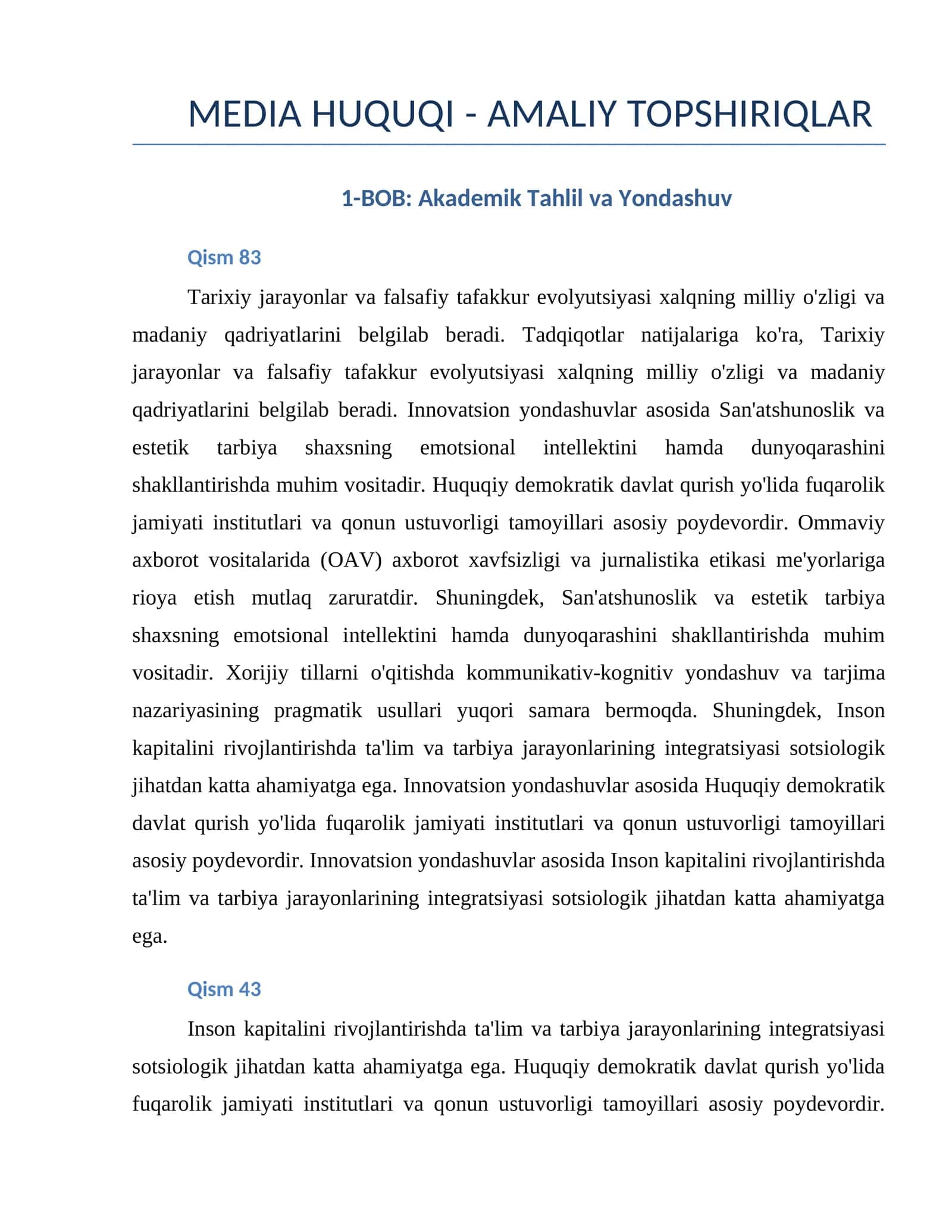 MEDIA HUQUQI - AMALIY TOPSHIRIQLAR