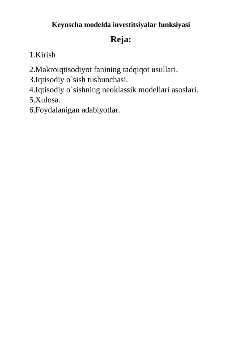 Keynscha modelda investitsiyalar funksiyasi