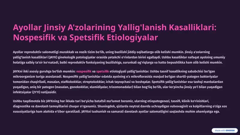 Ayollar Jinsiy A'zolarining Yallig'lanish Kasalliklari: Nospesifik va Spetsifik Etiologiyalar