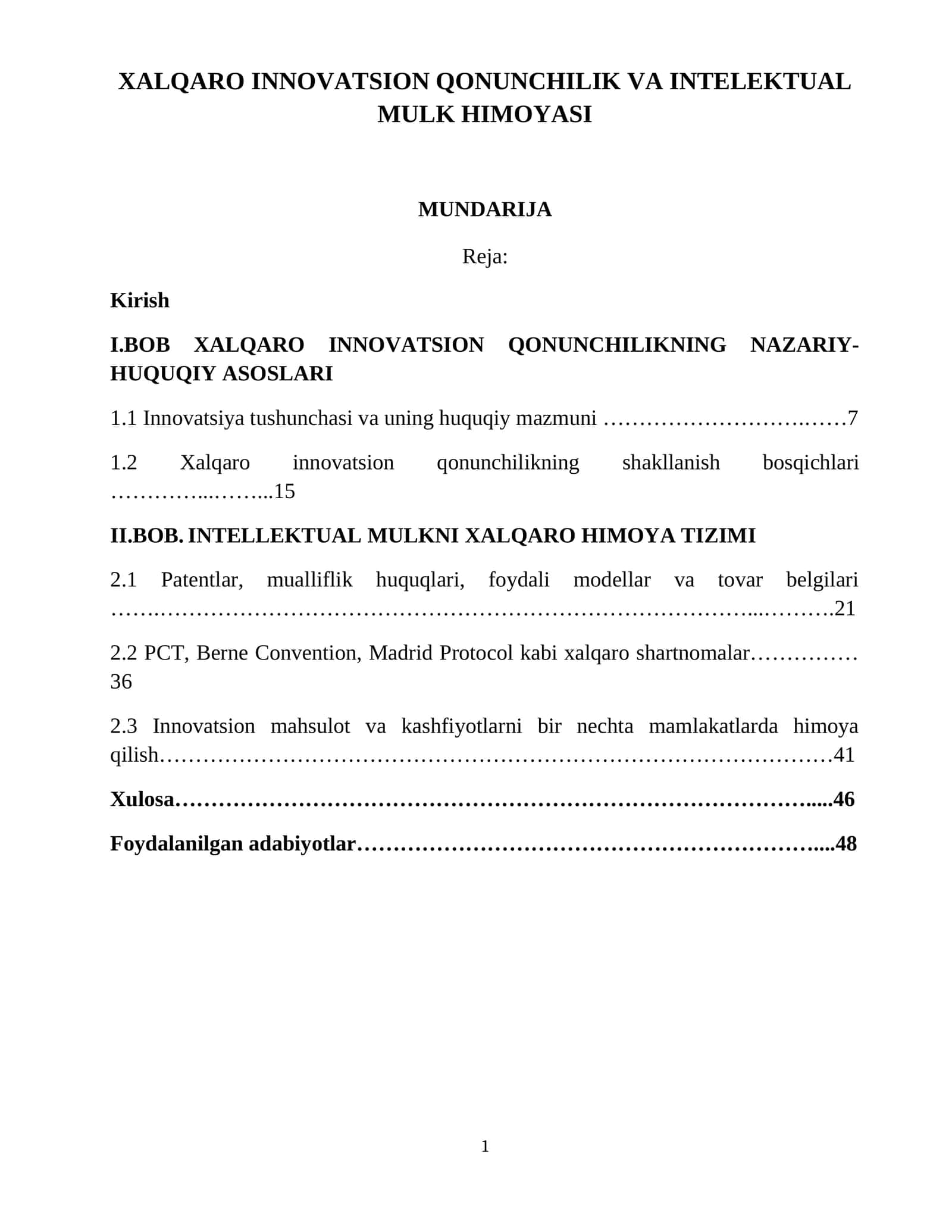 XALQARO INNOVATSION QONUNCHILIK VA INTELEKTUAL MULK HIMOYASI