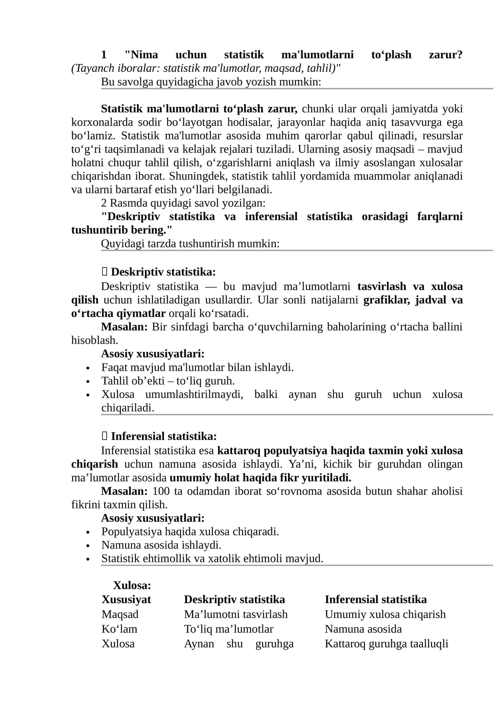 Statistik ma'lumotlarni to‘plash zarur (Maqsad, tahlil)