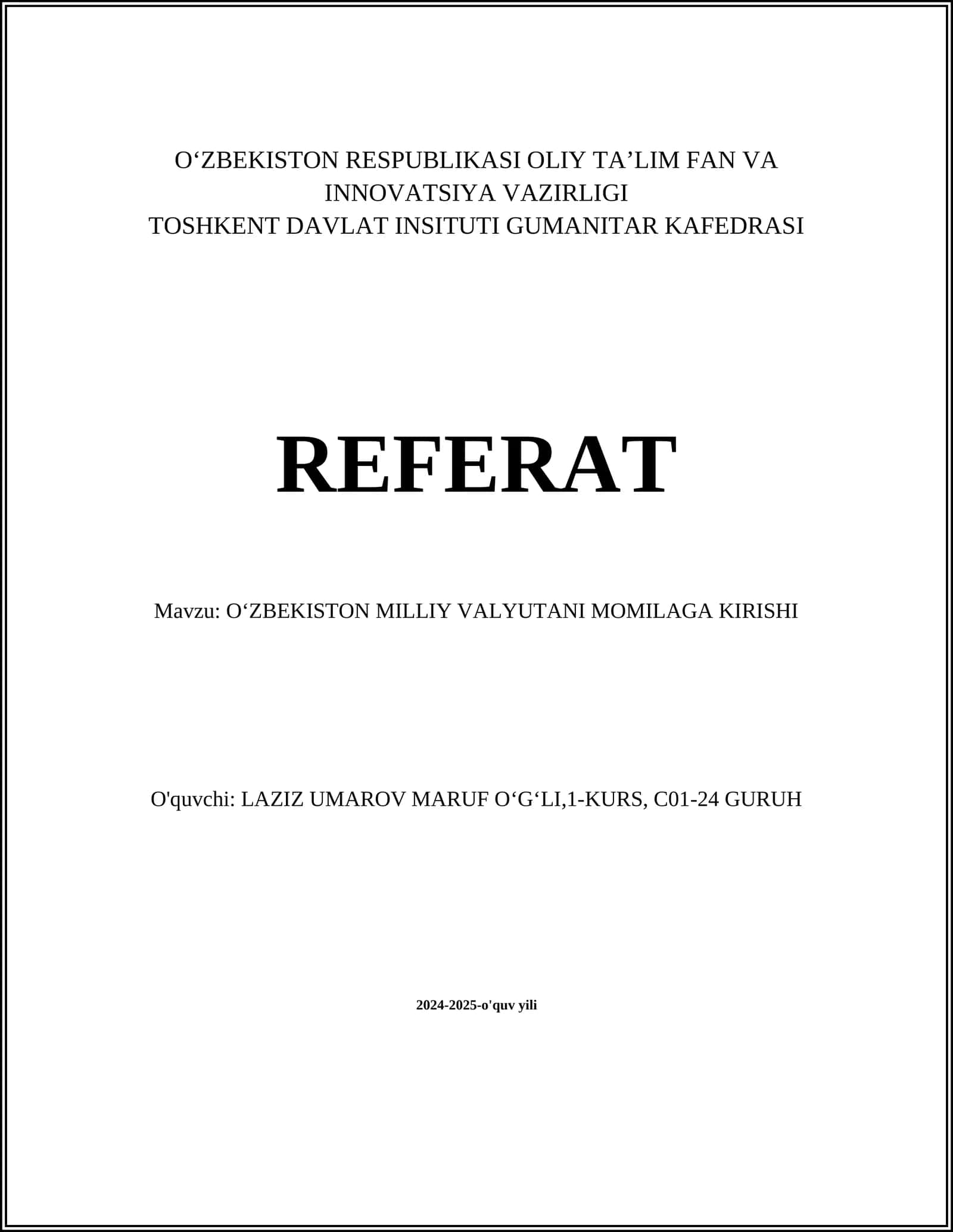 OʻZBEKISTON MILLIY VALYUTANI MOMILAGA KIRISHI
