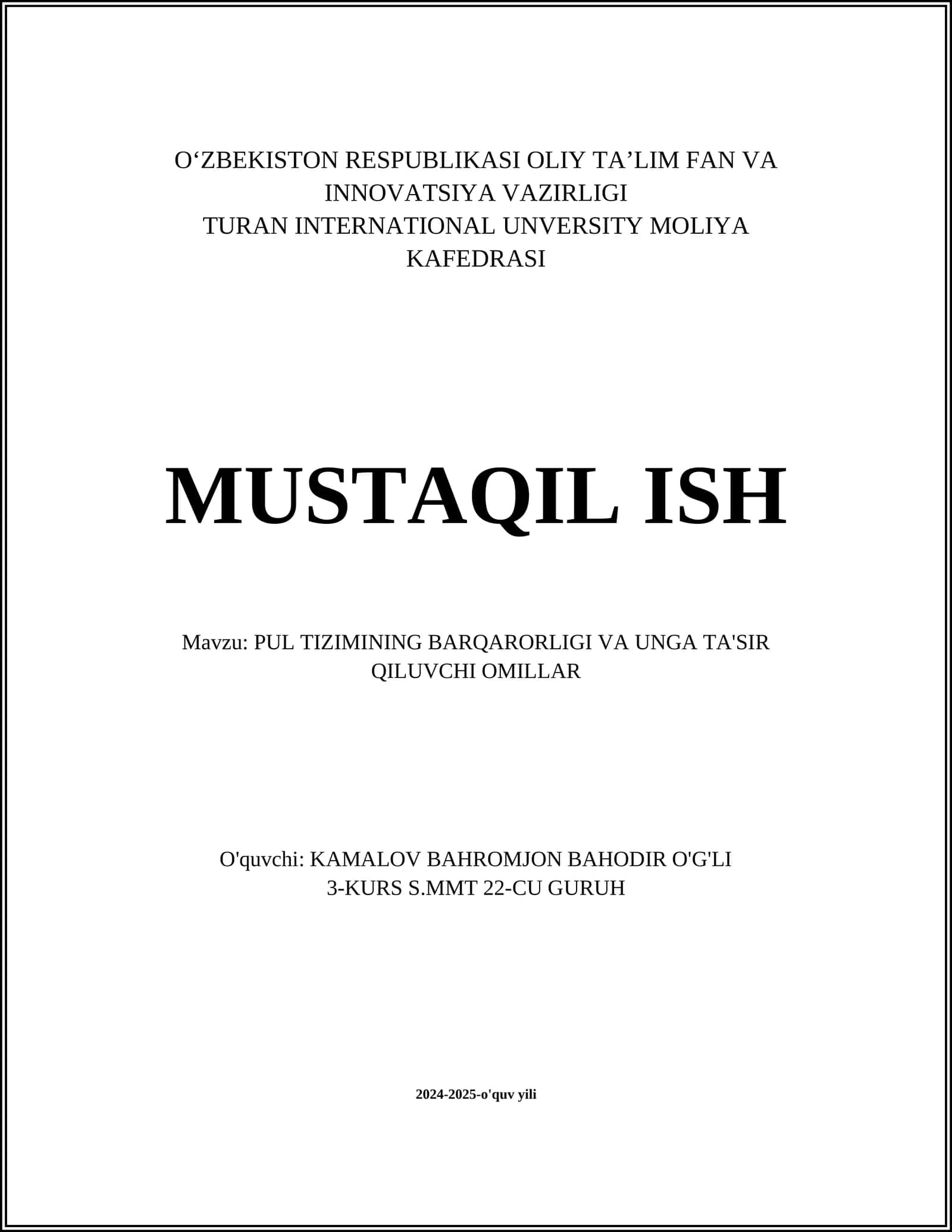 PUL TIZIMINING BARQARORLIGI VA UNGA TA'SIR QILUVCHI OMILLAR