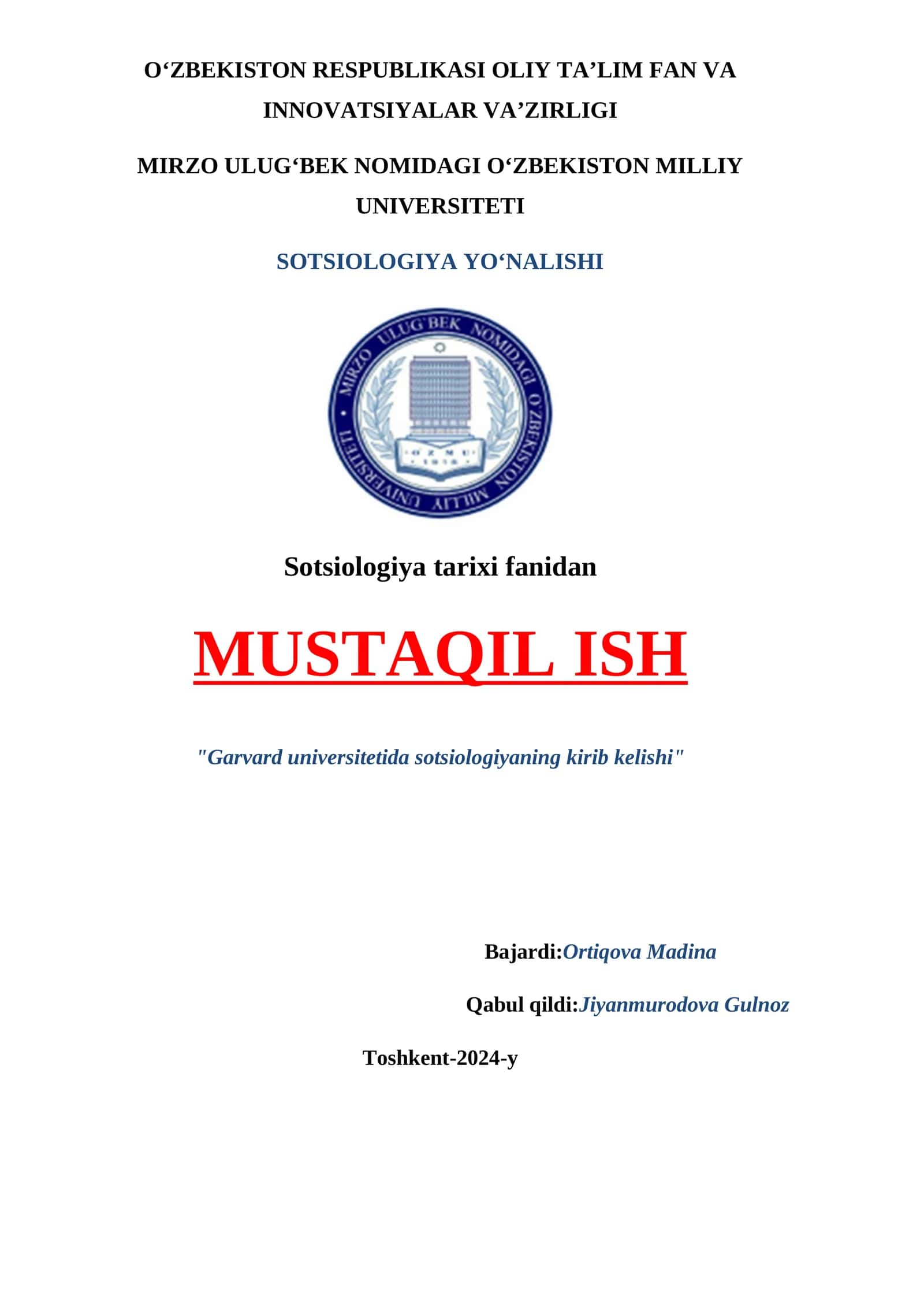 "Garvard universitetida sotsiologiyaning kirib kelishi"
