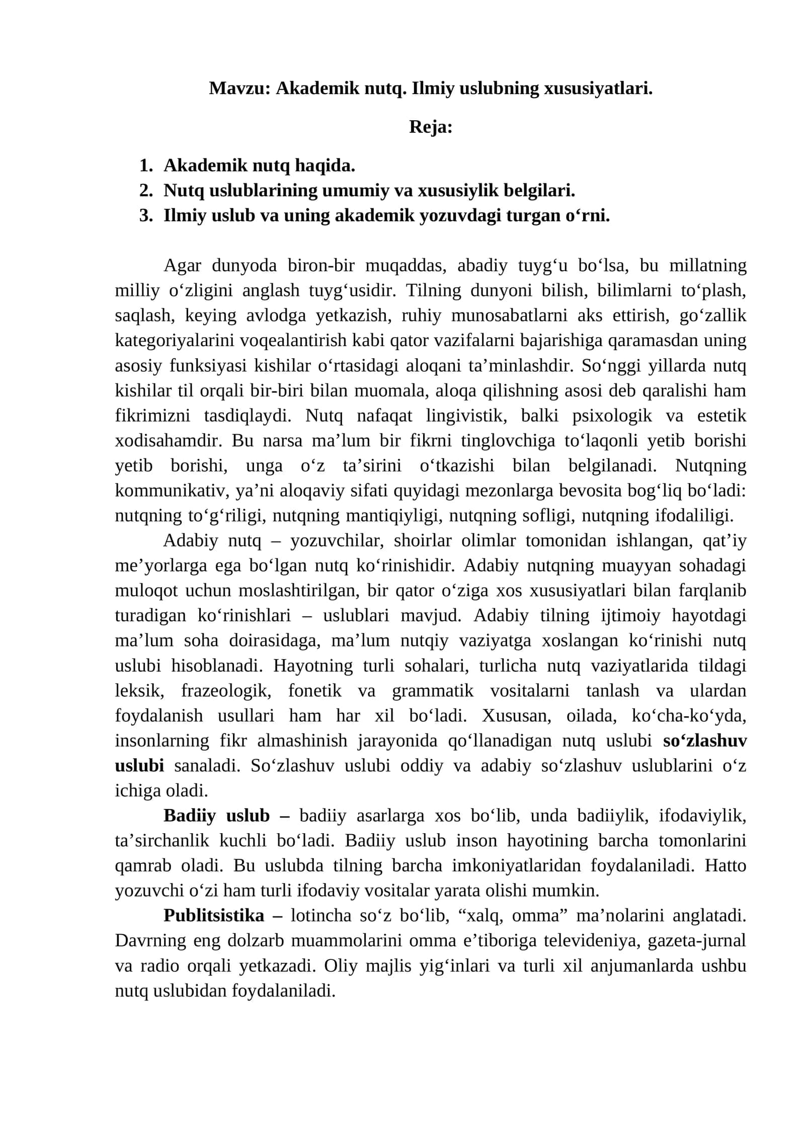 Akademik nutq. Ilmiy uslubning xususiyatlari