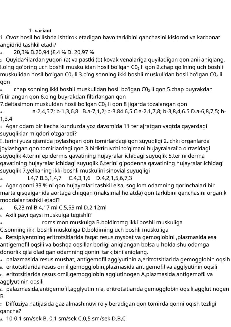 fiziologiya test savollari