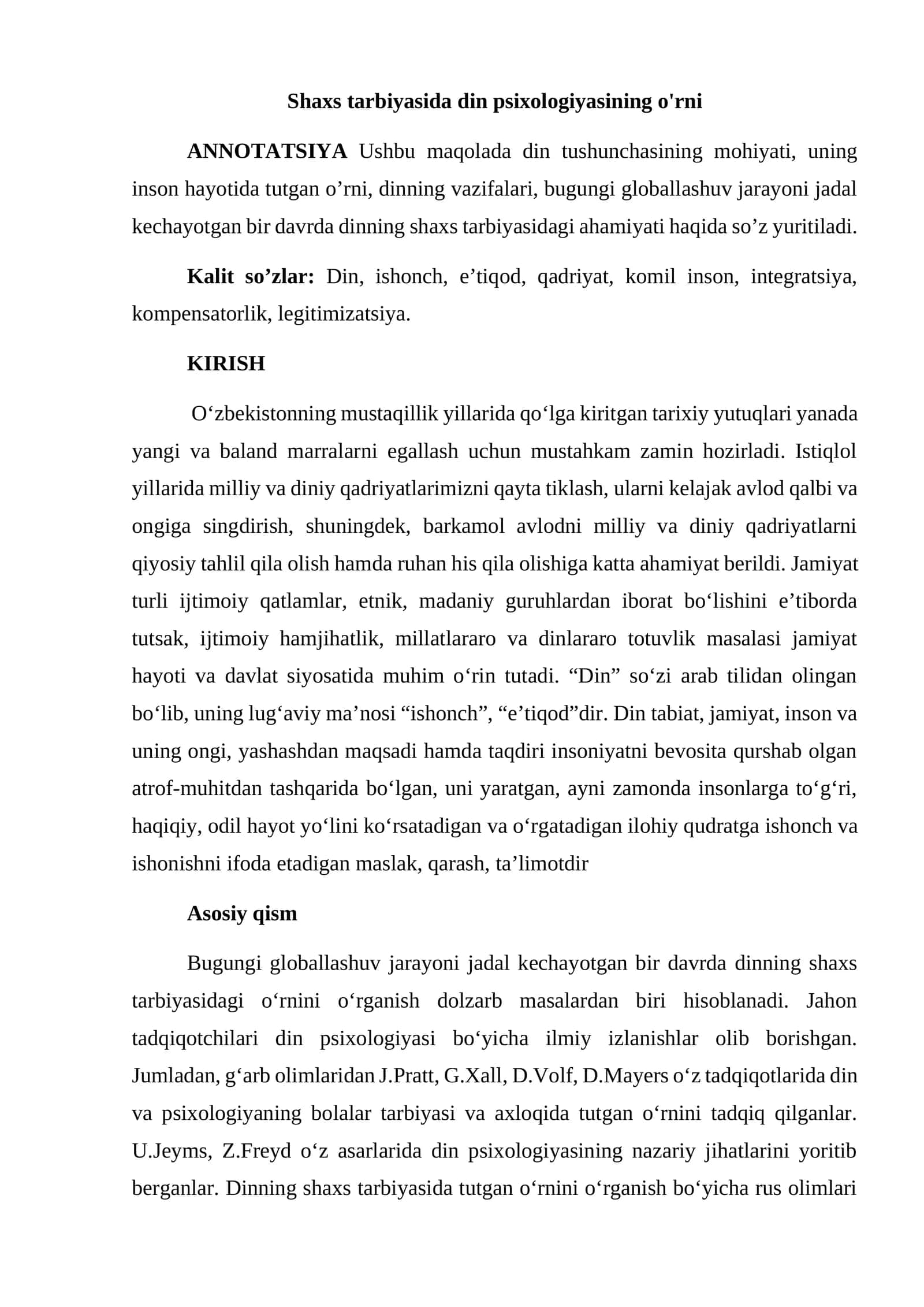 Shaxs tarbiyasida din psixologiyasining o'rni