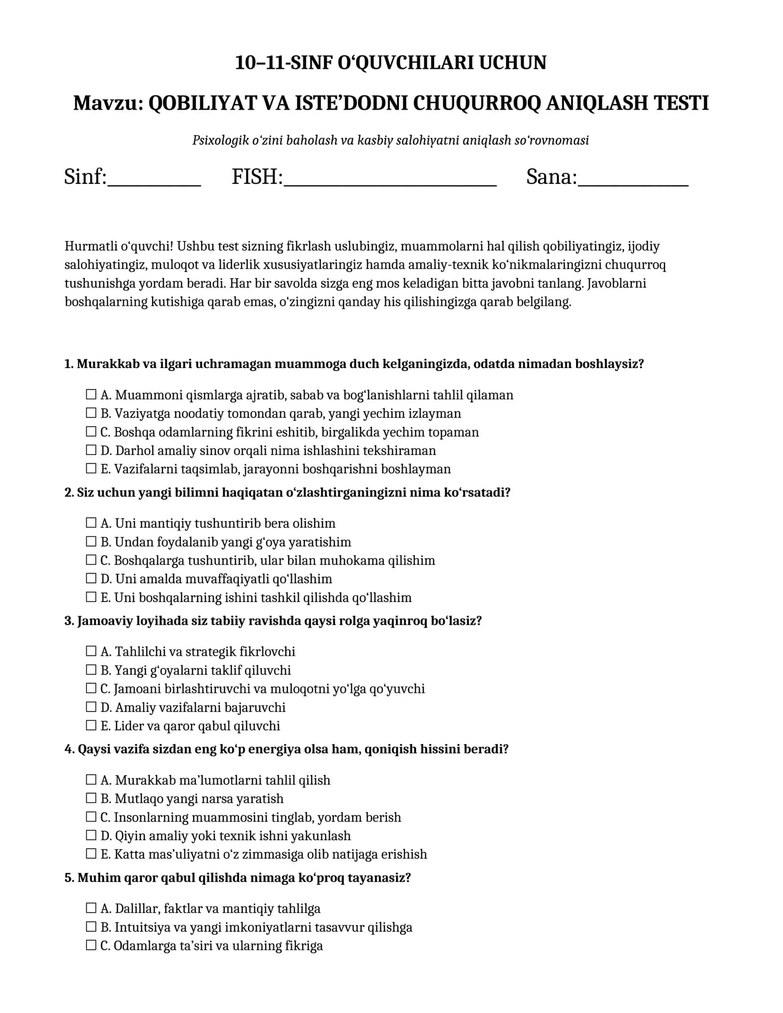 QOBILIYAT VA ISTE’DODNI CHUQURROQ ANIQLASH TESTI 10-11-sinflar uchun