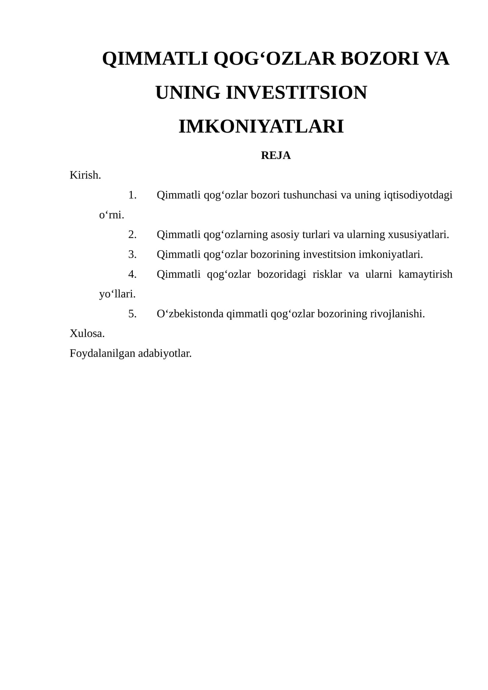 QIMMATLI QOG‘OZLAR BOZORI VA UNING INVESTITSION IMKONIYATLARI