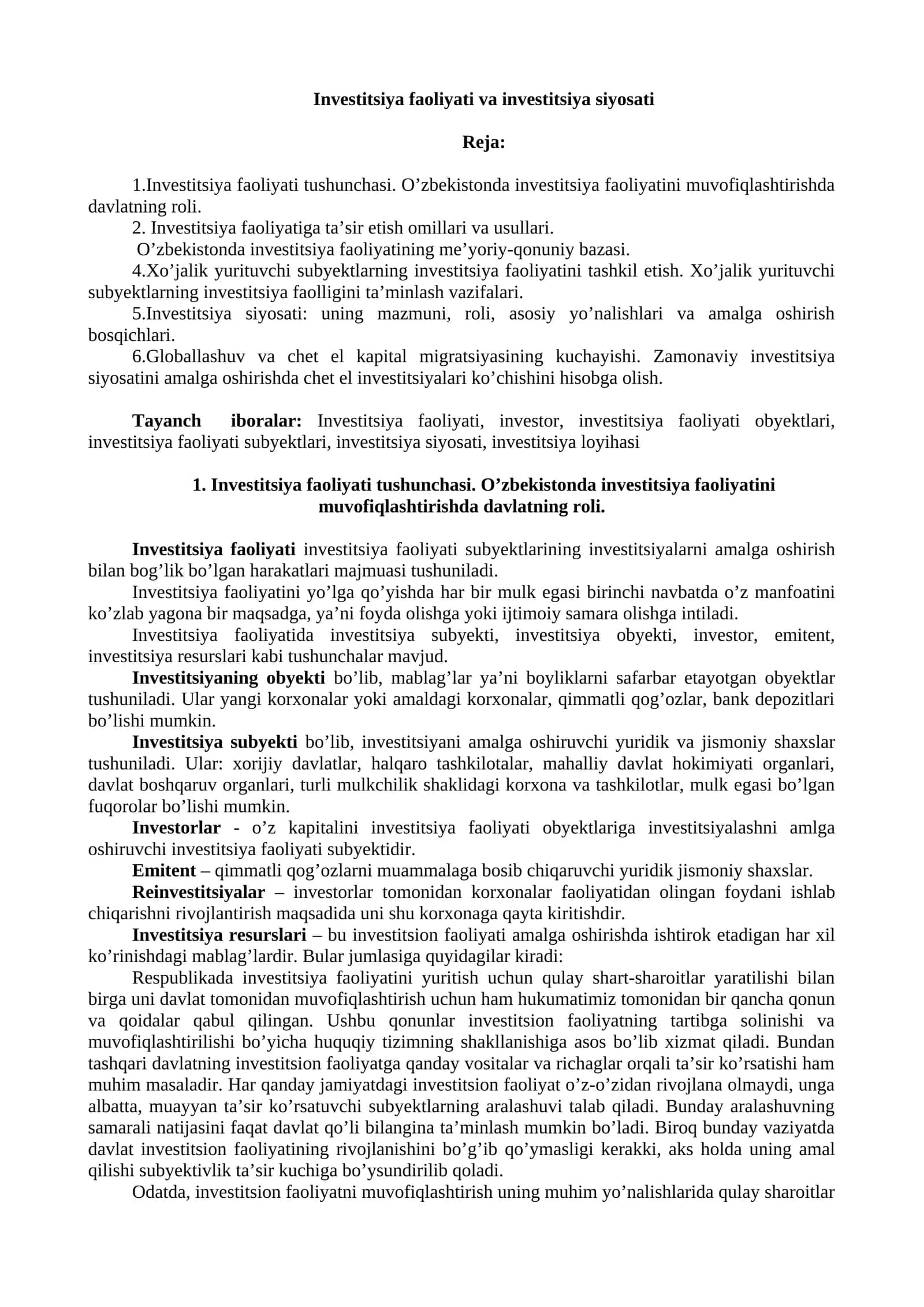 Investitsiya faoliyati va investitsiya siyosati