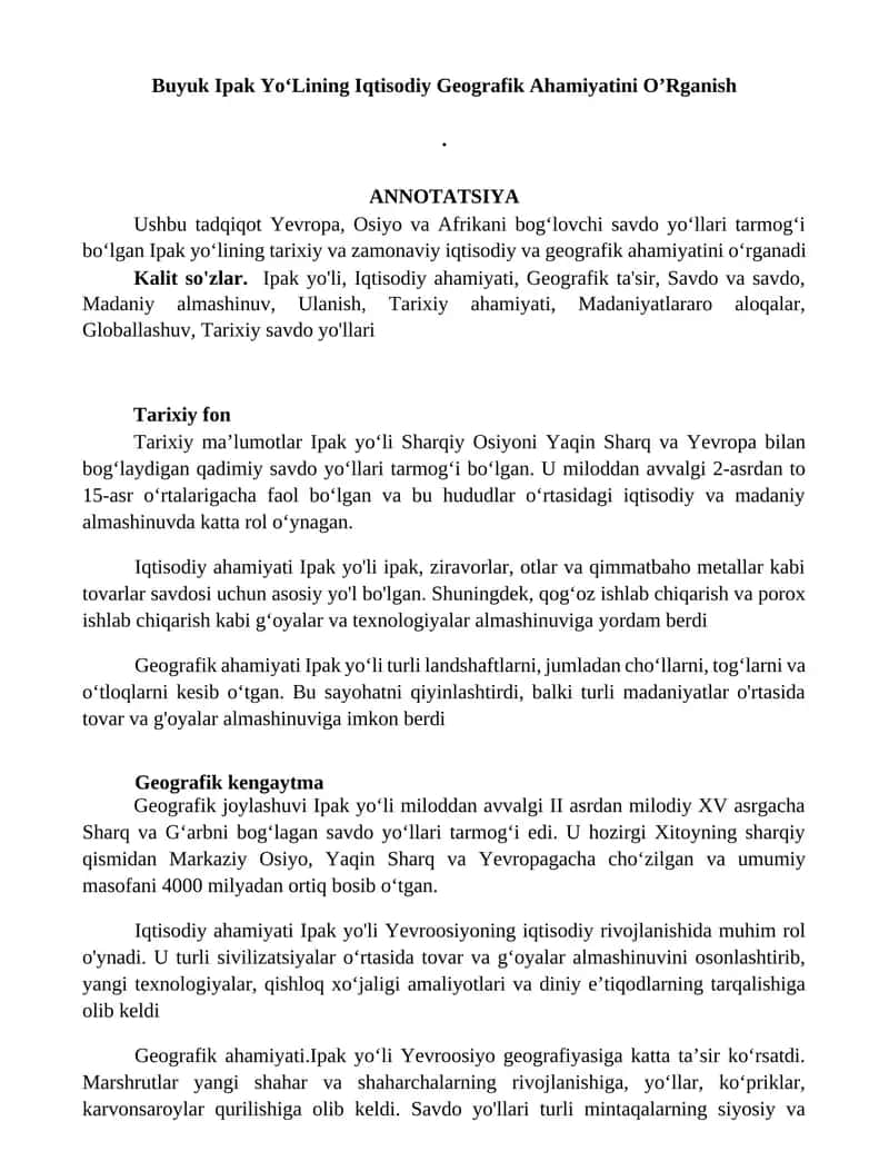 Buyuk Ipak Yo‘Lining Iqtisodiy Geografik Ahamiyatini O’Rganish
