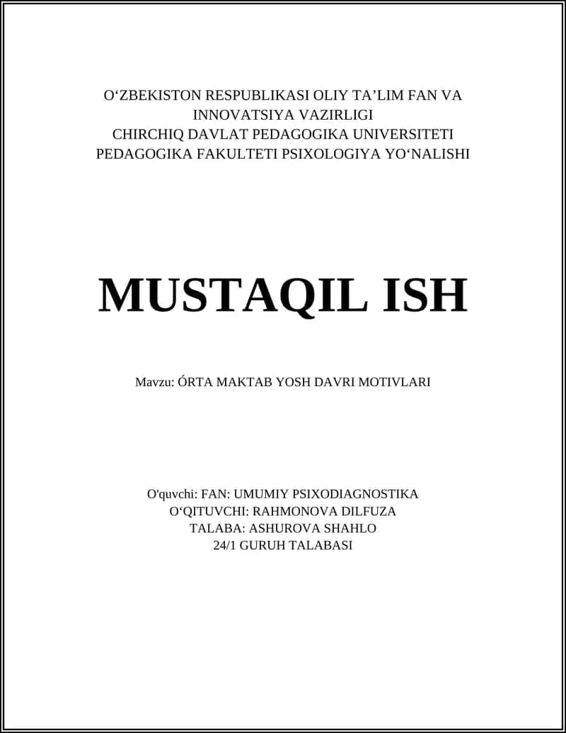 ÓRTA MAKTAB YOSH DAVRI MOTIVLARI