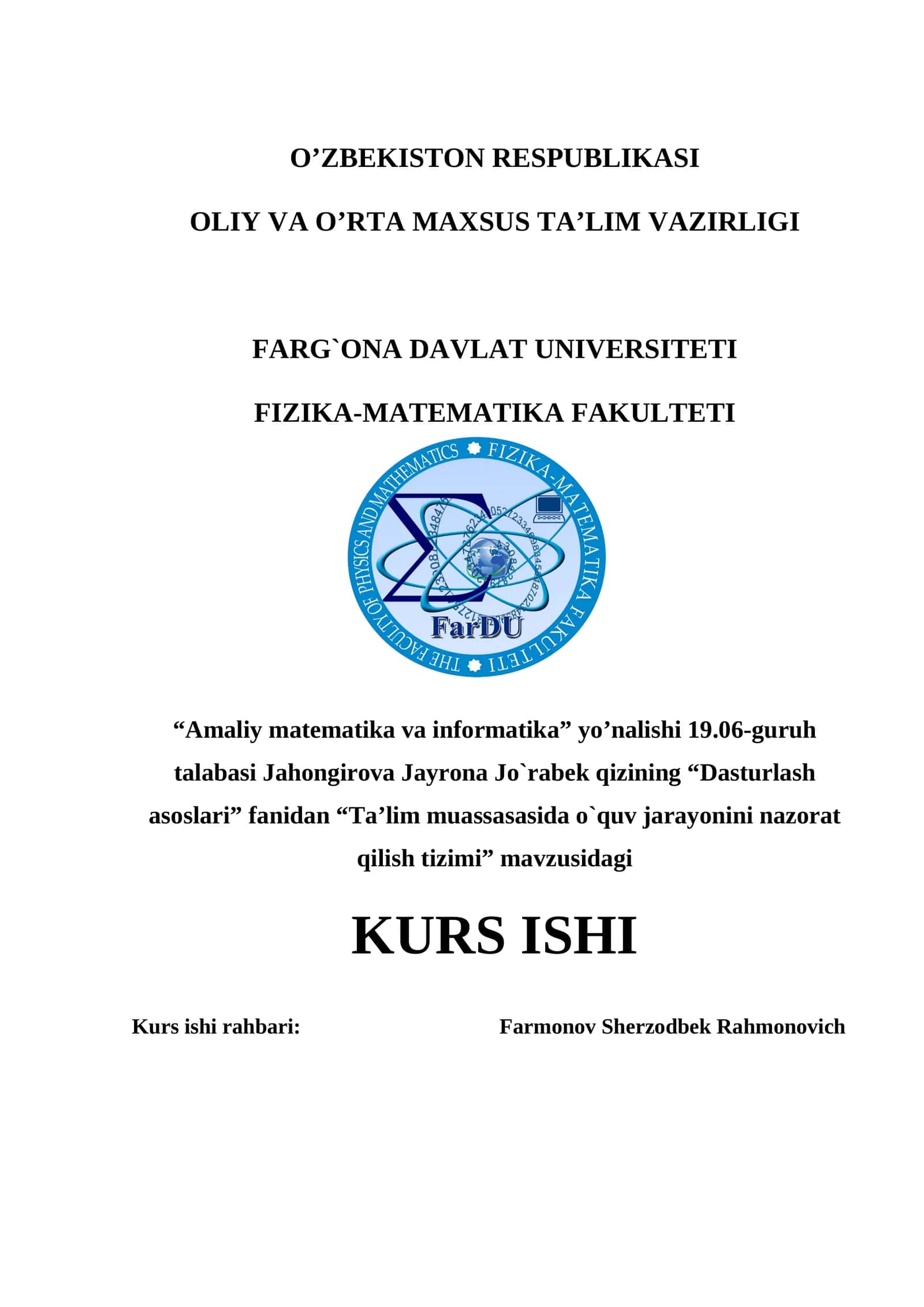 Ta’lim muassasasida o`quv jarayonini nazorat qilish tizimi