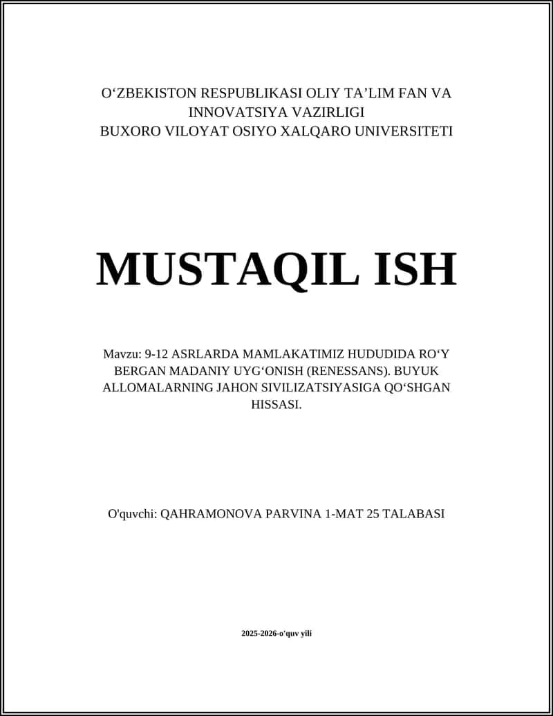 Samanidlar davrida (9–10 asrlar) Buxoro va Samarqanddagi madaniy uygʻonish