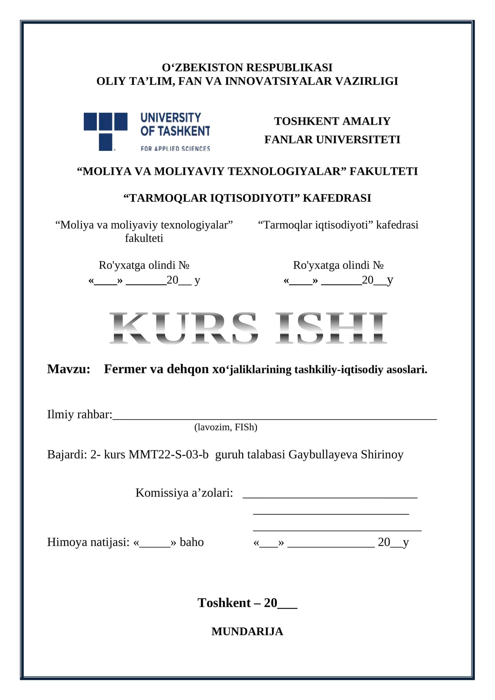 KURS ISHI Mavzu: Fermer va dehqon xoʻjaliklarining tashkiliy-iqtisodiy asoslari