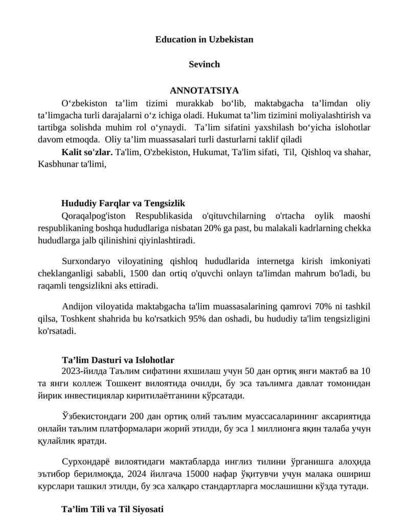 Ta’lim sifati va islohotlar