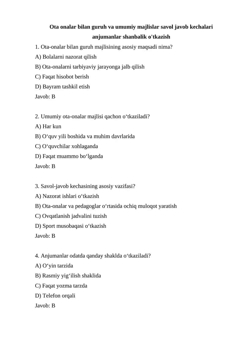 Savol-javob kechalari anjumanlar shanbalik o'tkazish