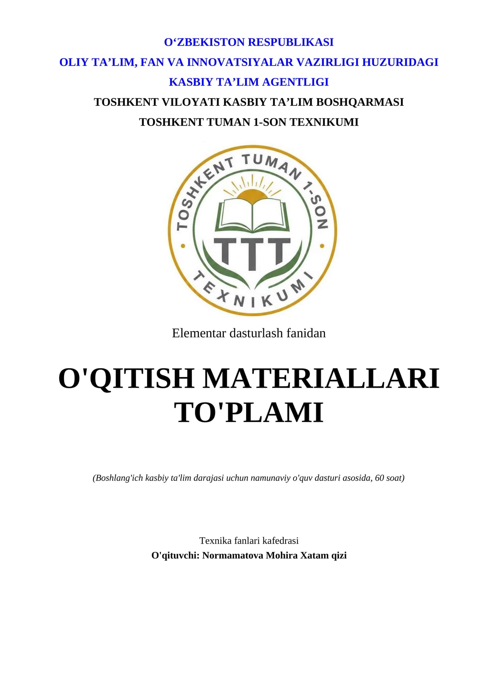Elementar dasturlash fanidan o'quv fan majmuasi texnikum uchun