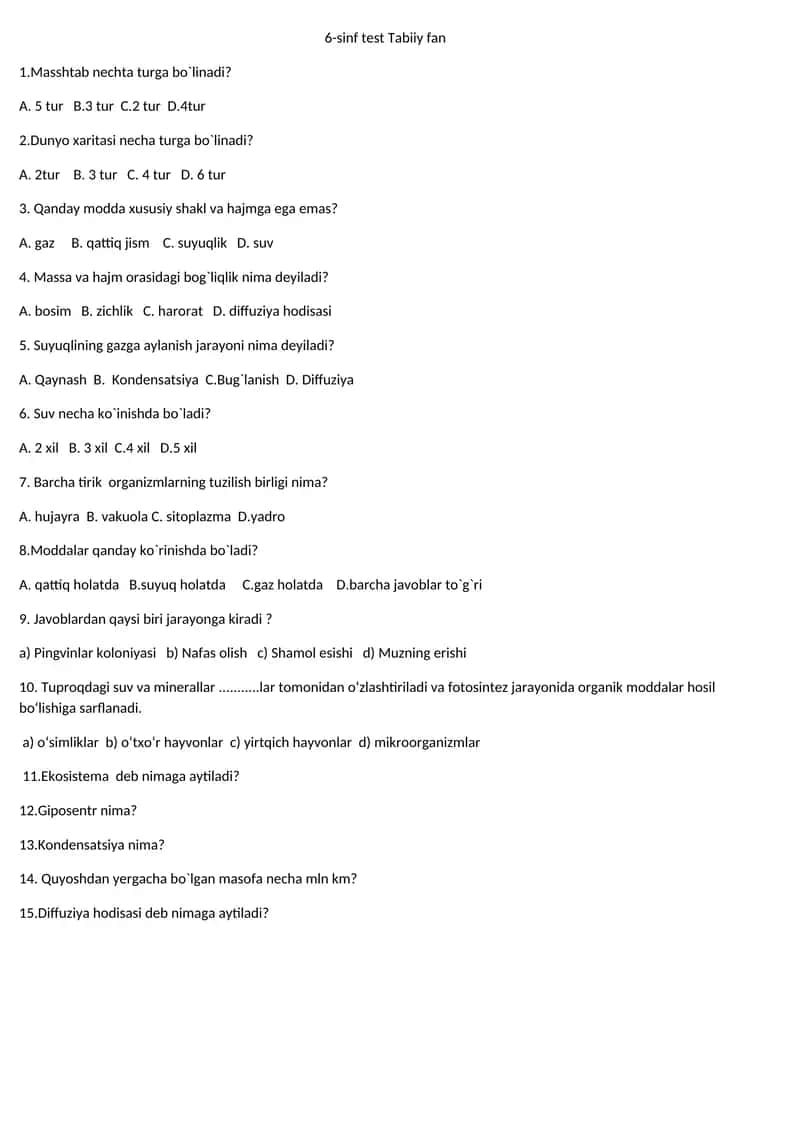 6-sinf test Tabiiy fan