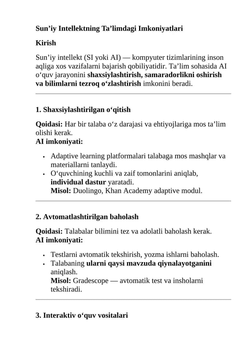 Sun’iy Intellektning Ta’limdagi Imkoniyatlari