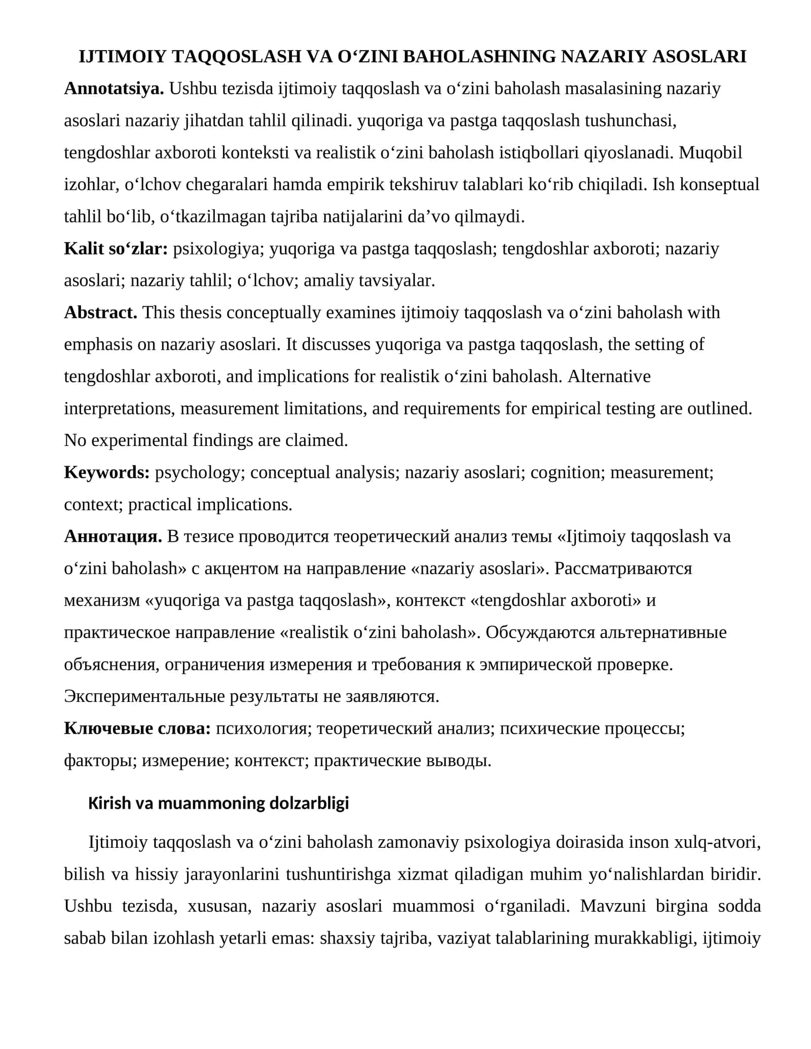IJTIMOIY TAQQOSLASH VA O‘ZINI BAHOLASHNING NAZARIY ASOSLARI