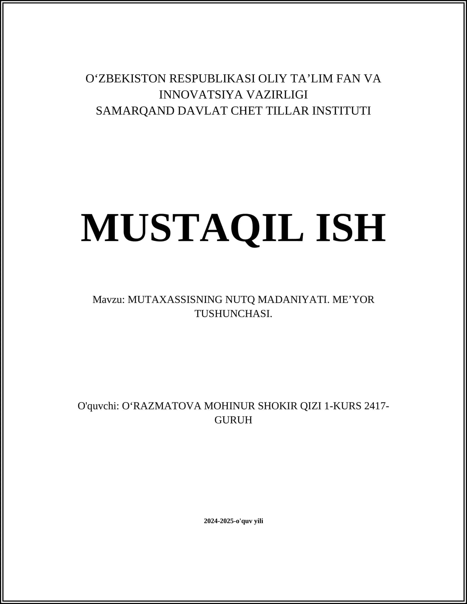 MUTAXASSISNING NUTQ MADANIYATI. ME’YOR TUSHUNCHASI