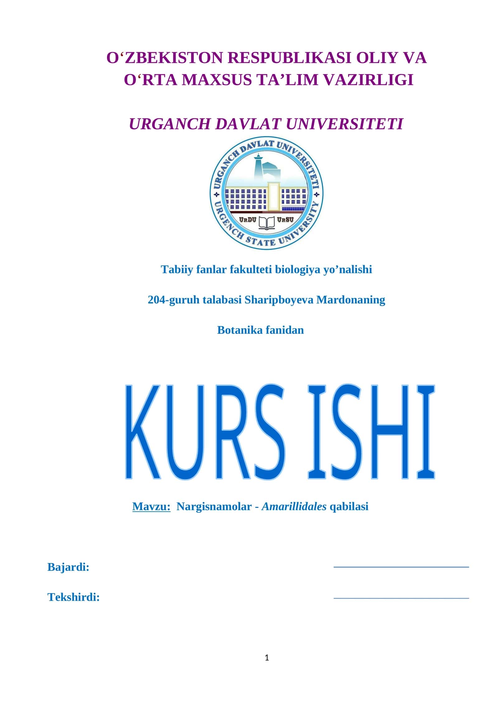 Nargisnamolar - Amarillidales qabilasi KURS ISHI