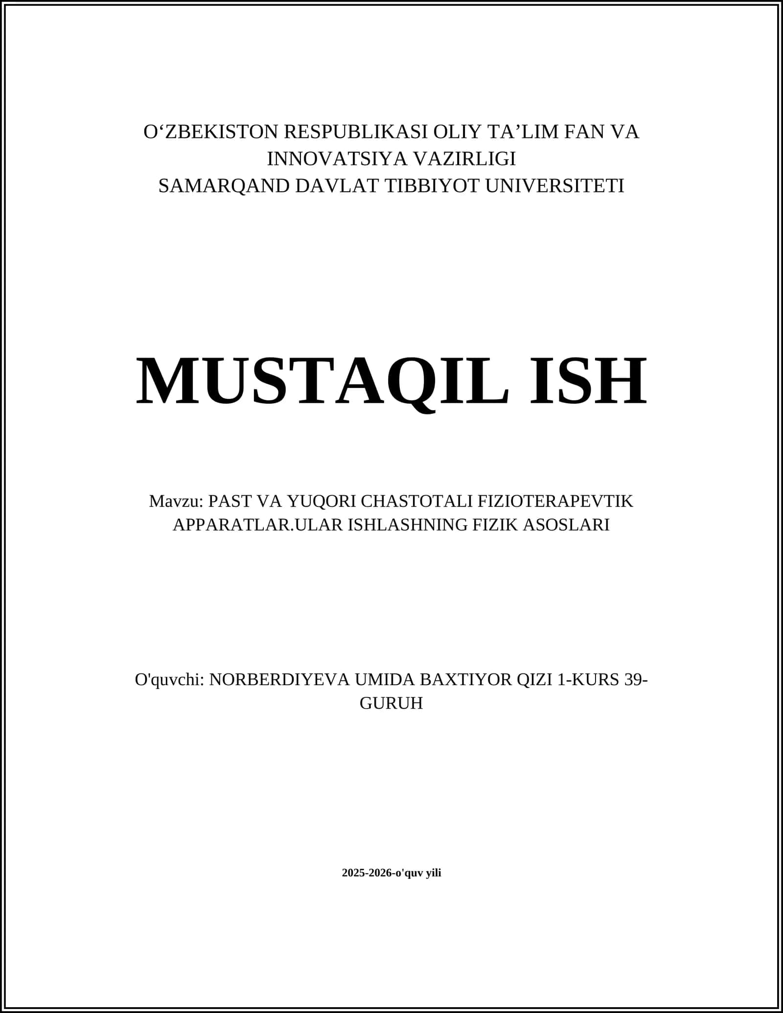 PAST VA YUQORI CHASTOTALI FIZIOTERAPEVTIK APPARATLAR