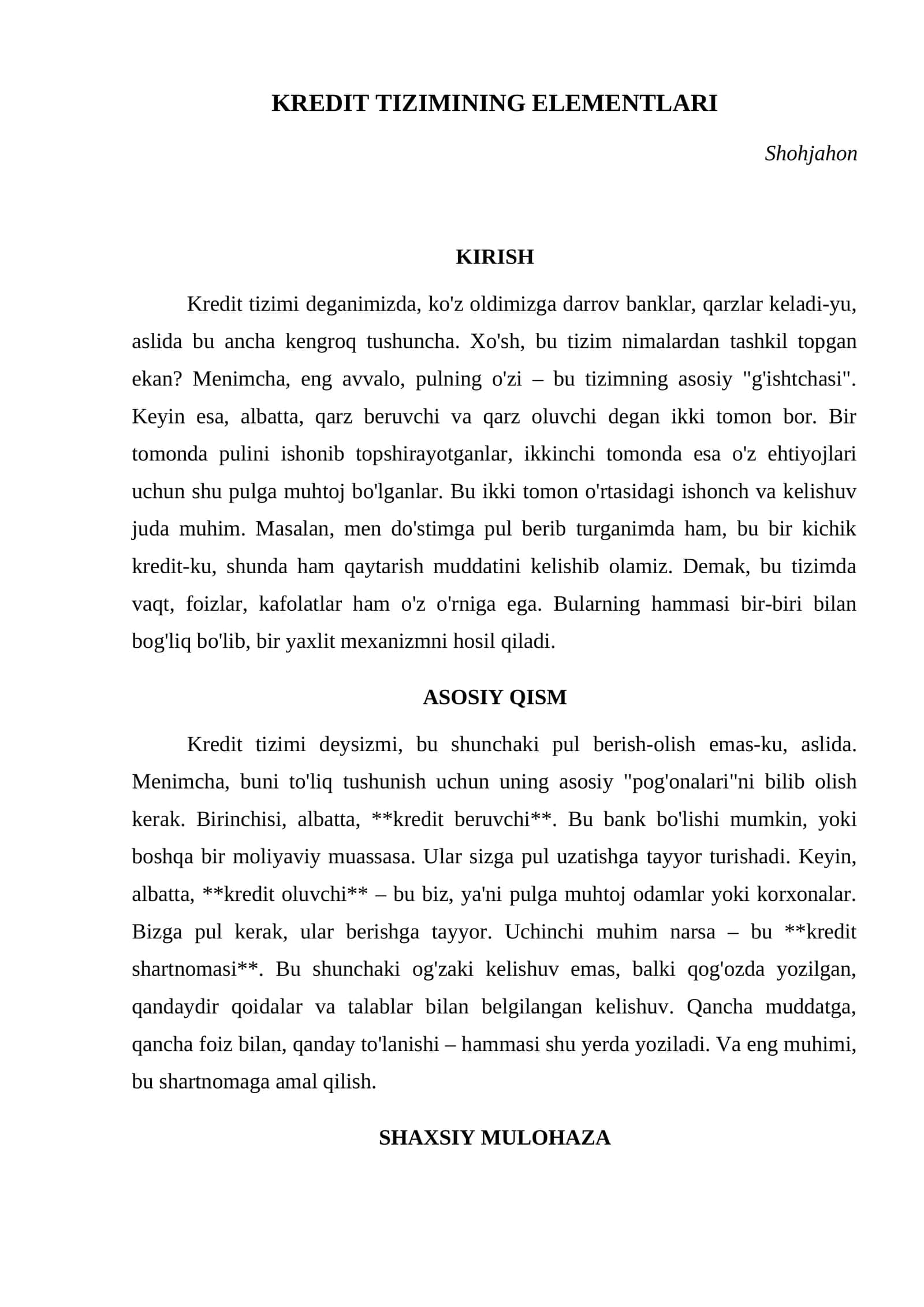 KREDIT TIZIMINING ELEMENTLARI