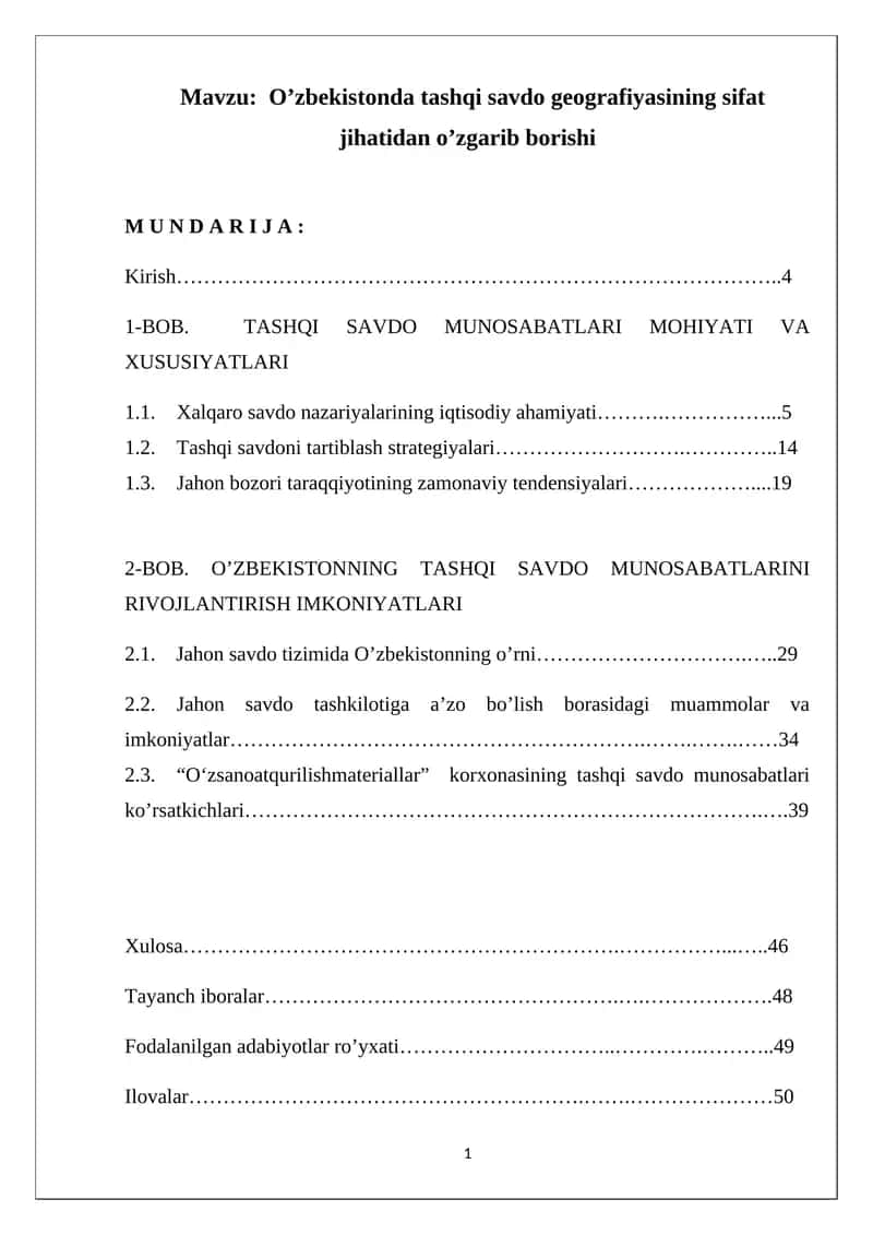 O’zbekistonda tashqi savdo geografiyasining sifat jihatidan o’zgarib borishi