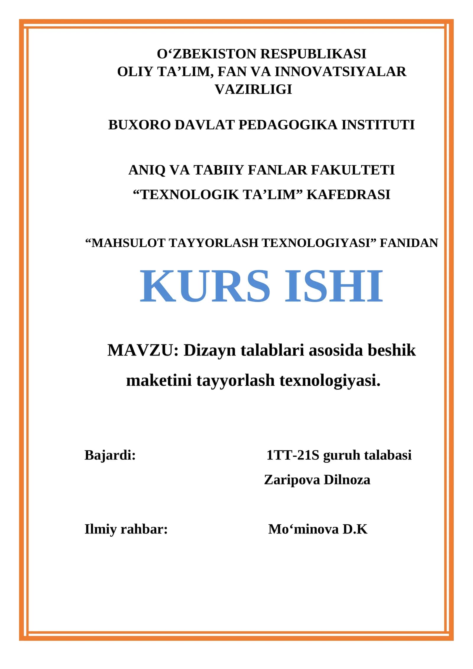 Dizayn talablari asosida beshik maketini tayyorlash texnologiyasi