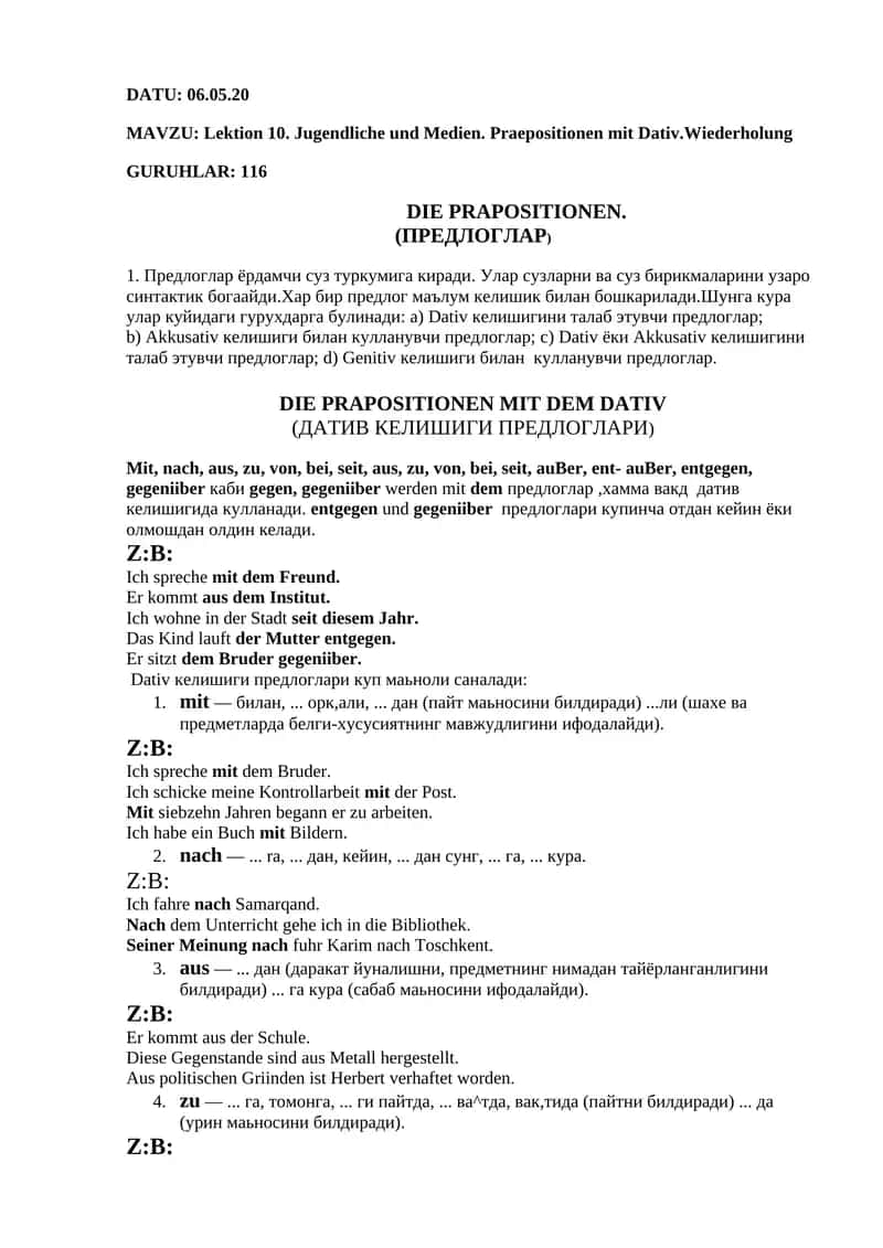 DIE PRAPOSITIONEN MIT DEM DATIV
