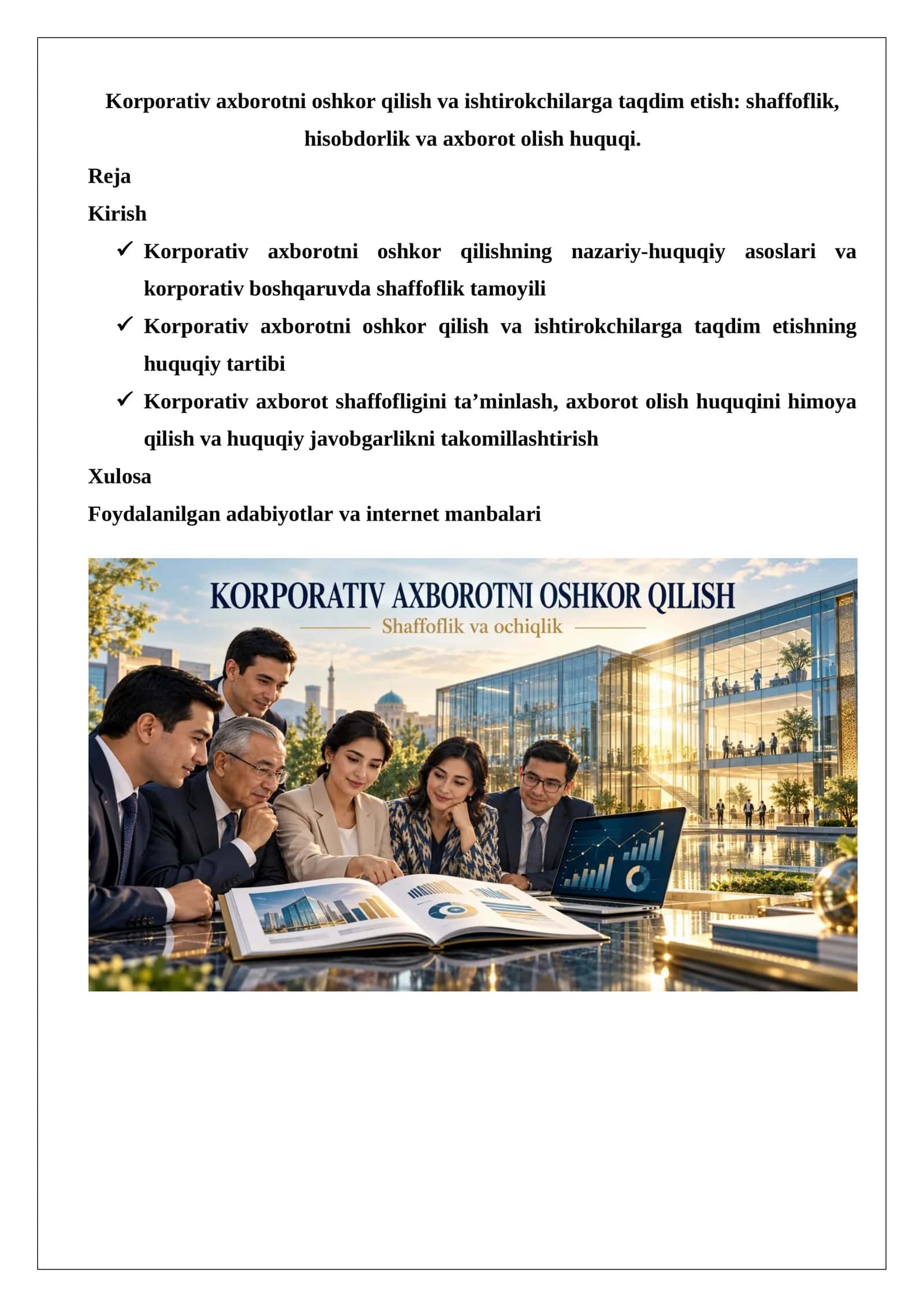 Korporativ axborotni oshkor qilish va ishtirokchilarga taqdim etish shaffoflik, hisobdorlik va axborot olish huquqi..docx