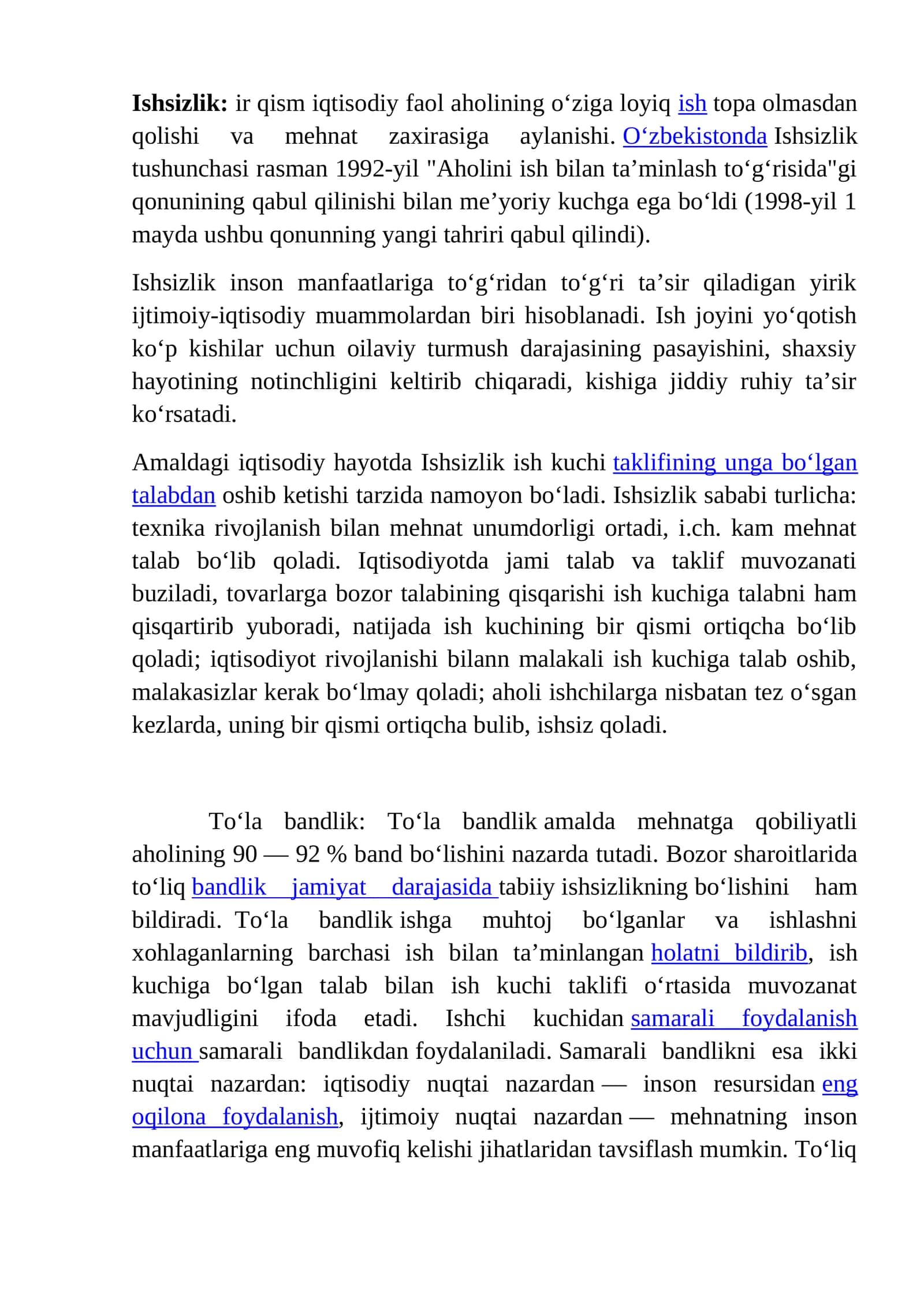 Ishsizlik: Iqtisodiy muammolari