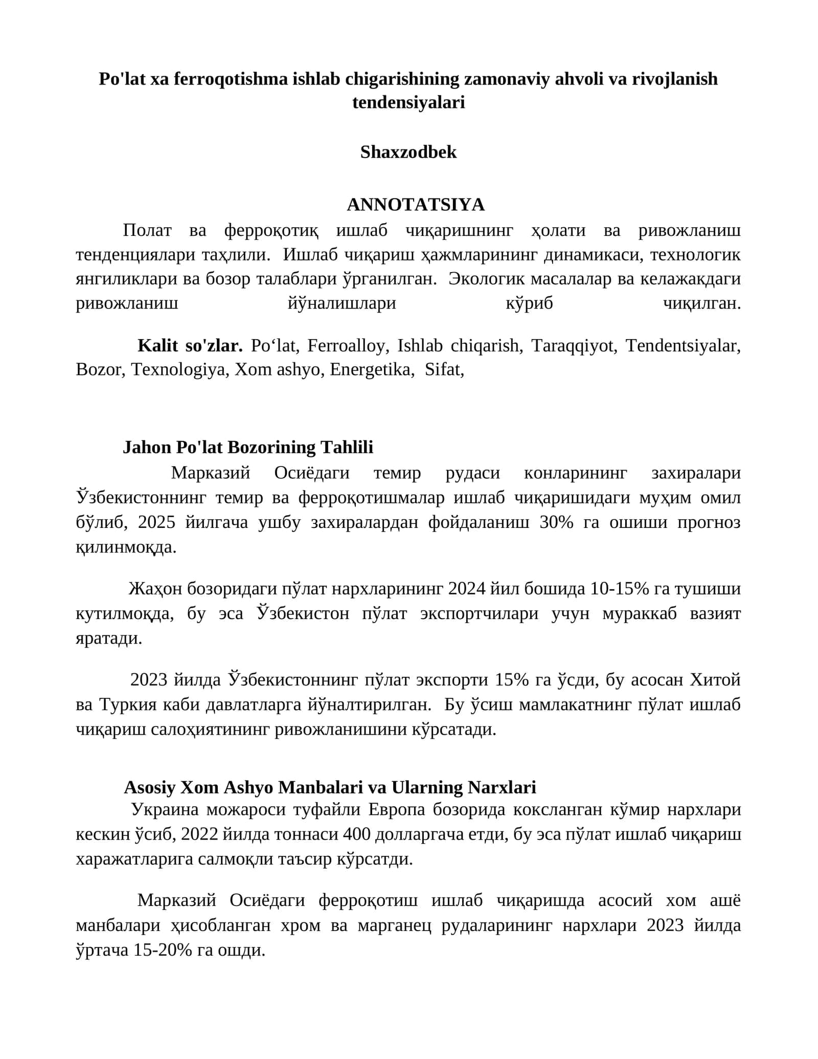 Polat va Ferroqotiқ Ishlab Chiqarishning Holati va Rivоjlaniш Tendentsiyalari