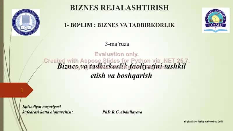 Biznes rejalashtirish (3-ma’ruza)