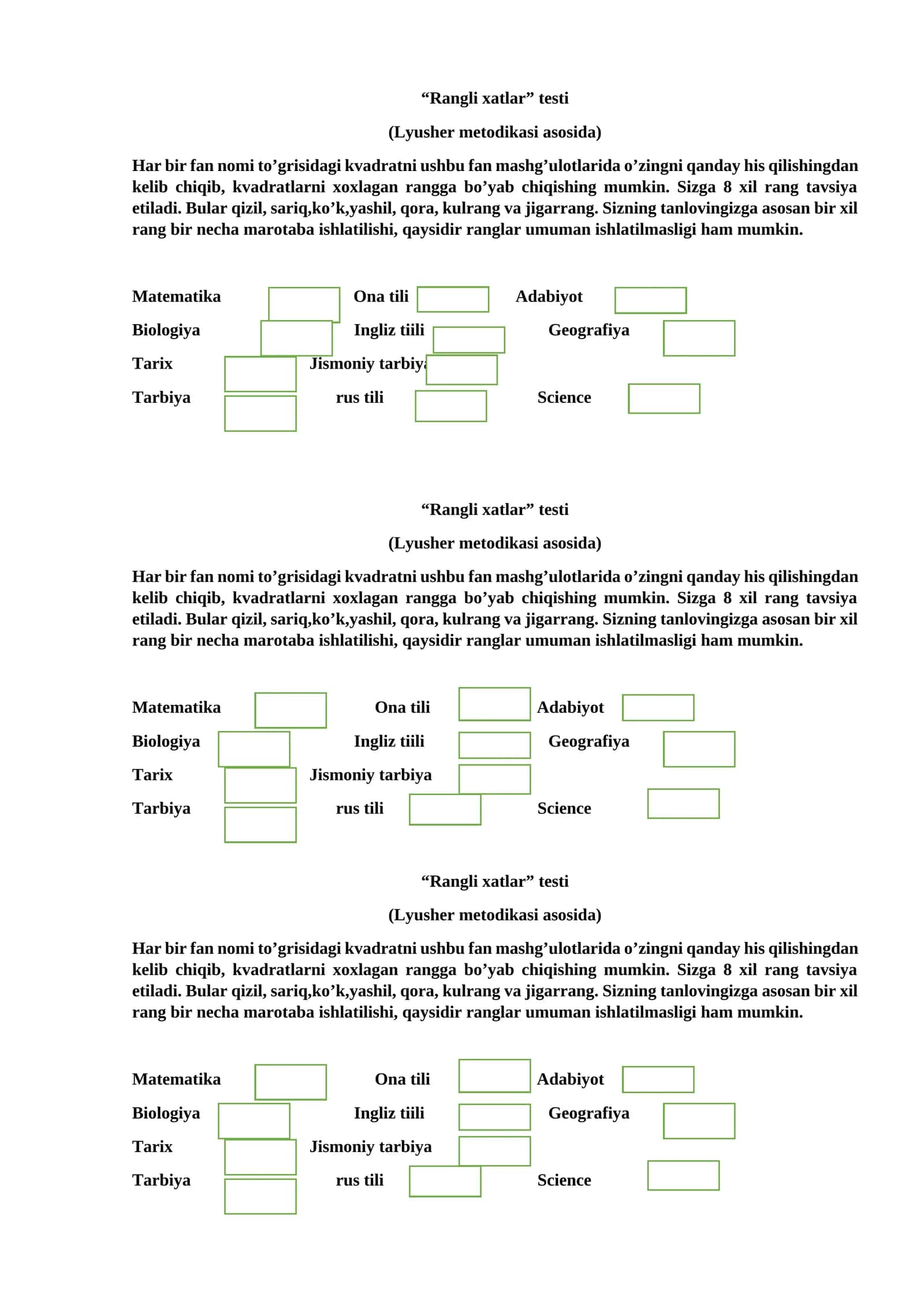 “Rangli xatlar” testi. (Lyusher metodikasi asosida) Psixologiya