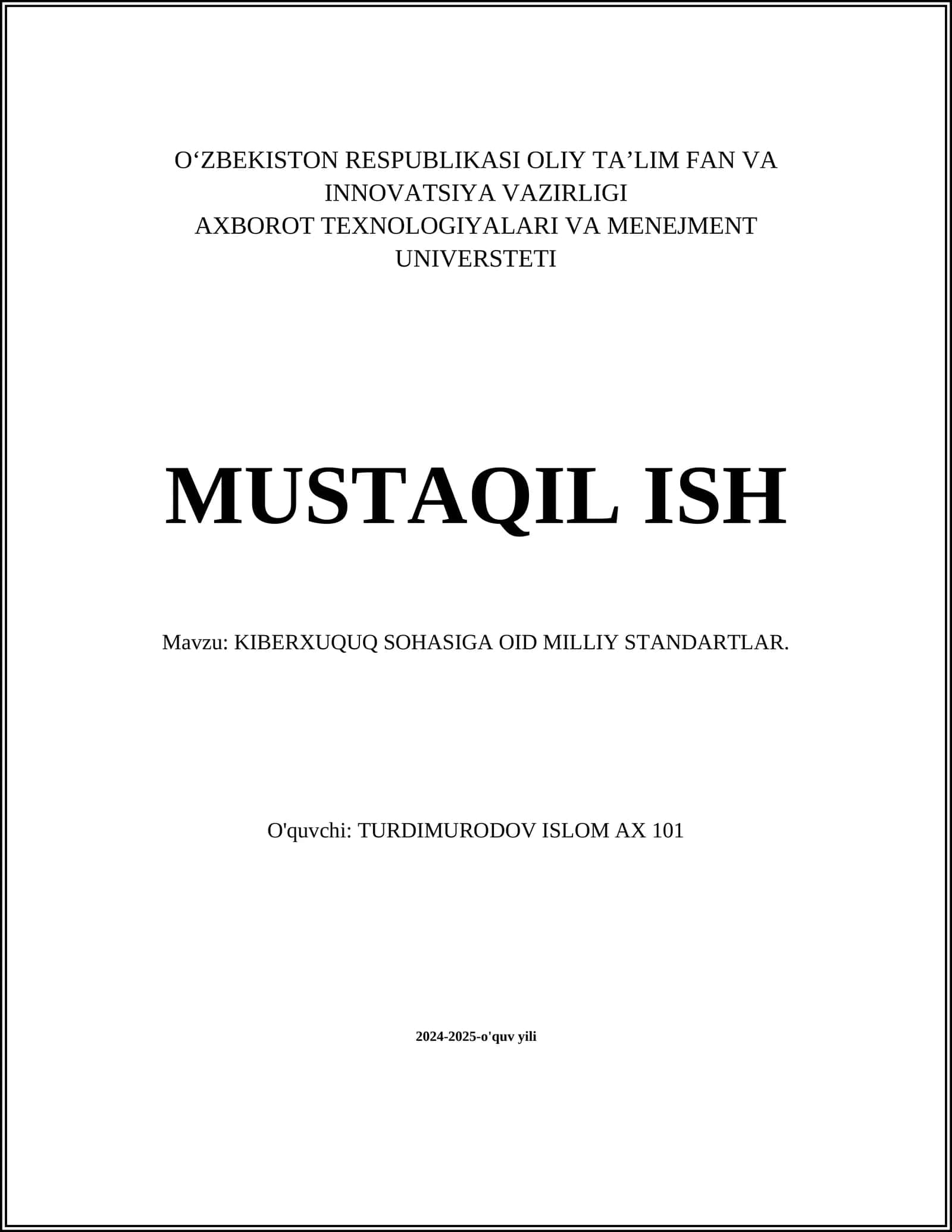 KIBERXUQUQ SOHASIGA OID MILLIY STANDARTLAR