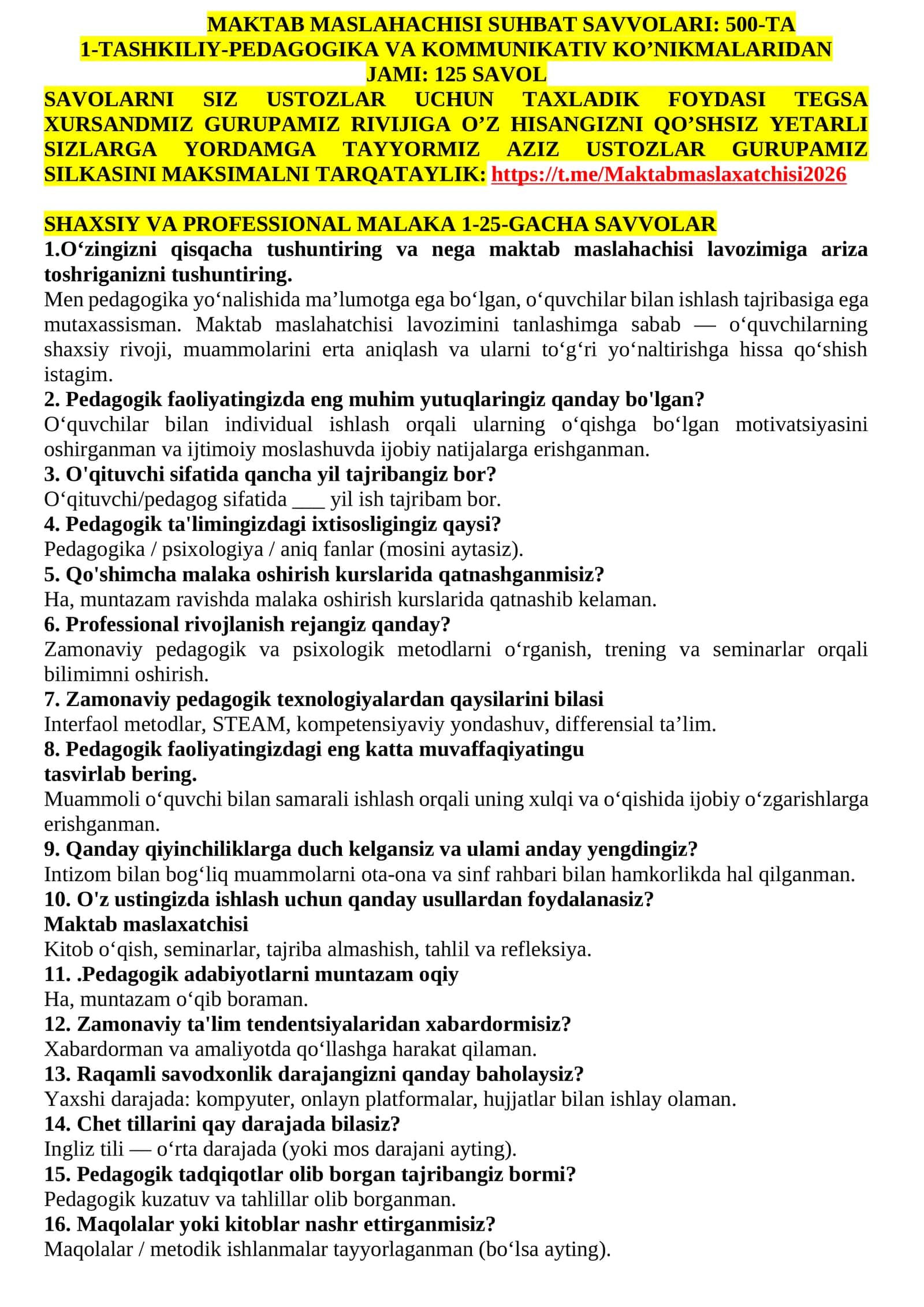 MAKTAB MASLAHACHISI SUHBAT SAVVOLARI: 500-TA