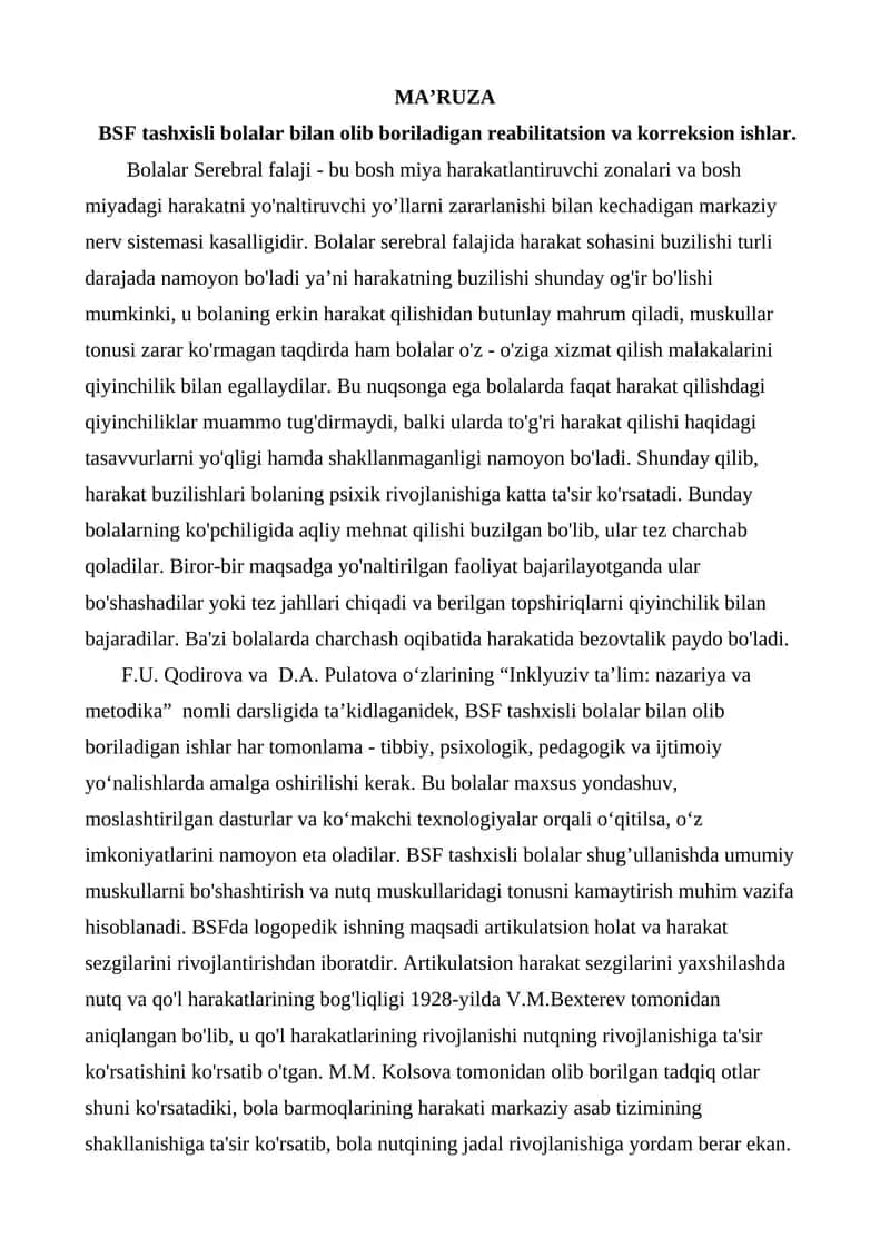 BSF tashxisli bolalar bilan olib boriladigan reabilitatsion va korreksion ishlar.