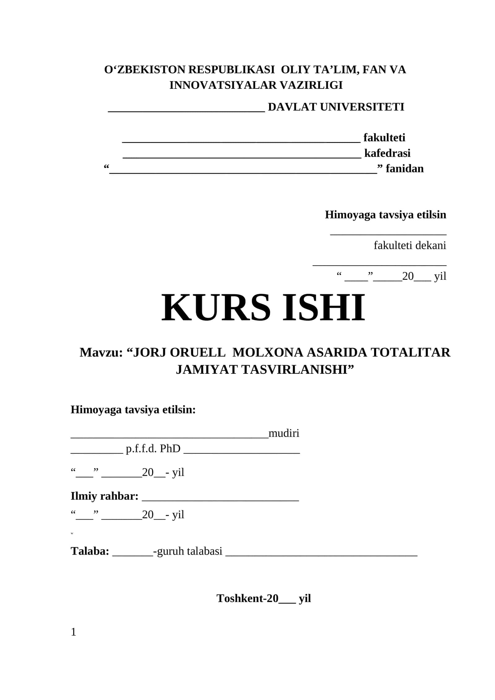 JORJ ORUELL MOLXONA ASARIDA TOTALITAR JAMIYAT TASVIRLANISHI