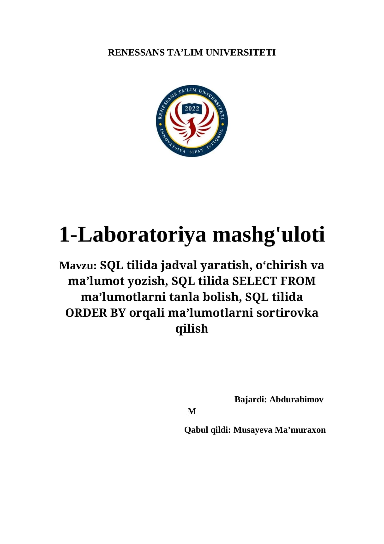 SQL tilida jadval yaratish, o‘chirish va ma'lumot yozish